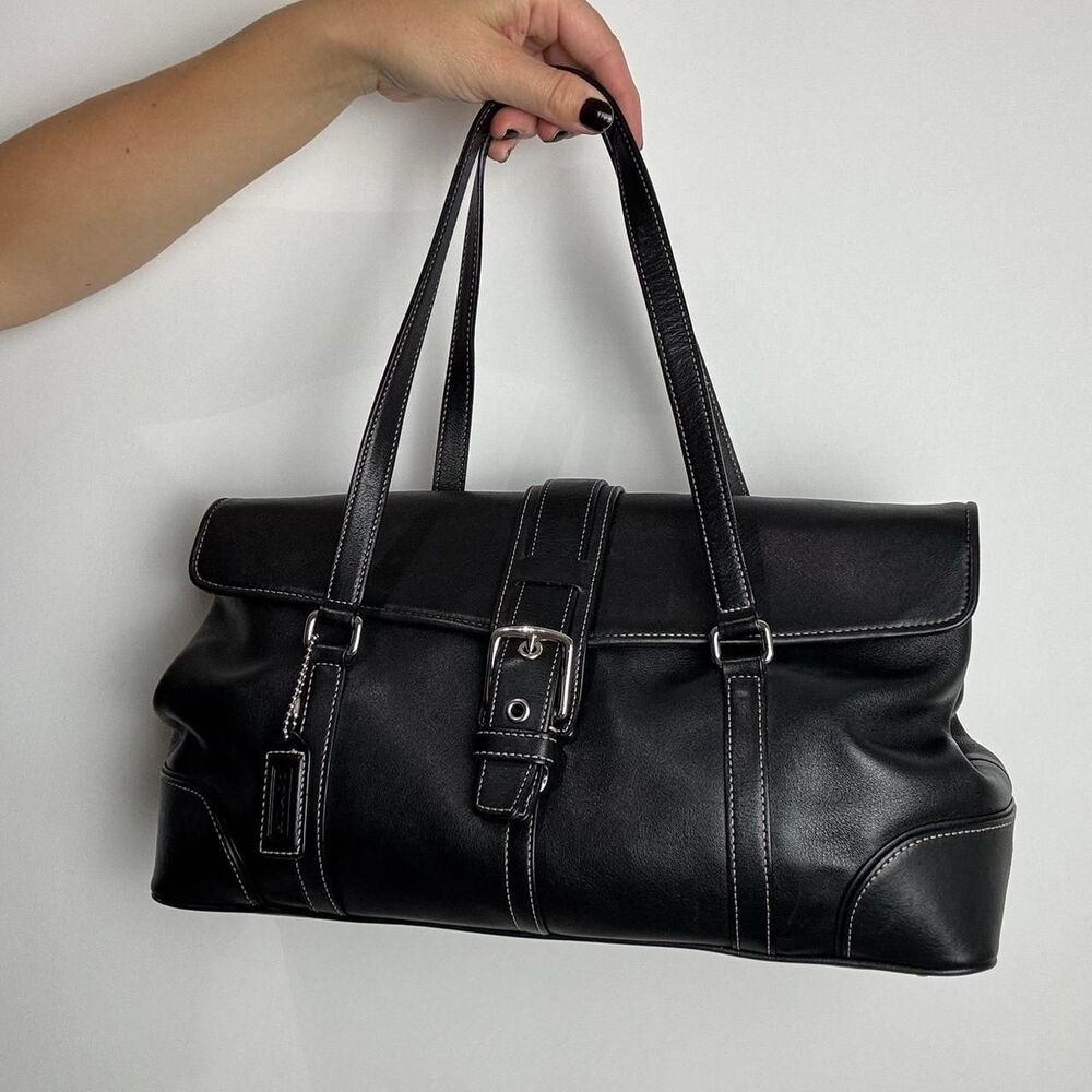 Coach Hampton Flap Vintage Y2K 2000s Black Leather Satchel Bag